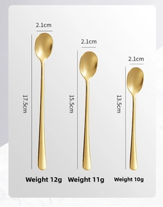 Size specifications and dimensions for three long-handled golden stainless steel spoons