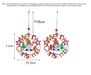 Detail of wooden Christmas gnome wreath ornament with Merry Christmas text and size markers