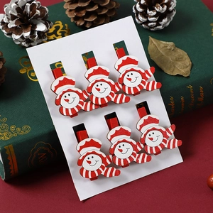 Detailed view of 6-piece Christmas wooden snowman clips with red stripes on a display card