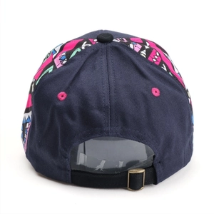 Rear view of navy baseball cap with pink embroidery and adjustable bronze buckle