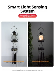 Solar moon wind chime day and night modes showing automatic light and bronze iron finish