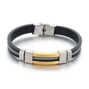 Men's titanium steel and black silicone bracelet with Greek pattern and metal details