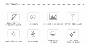 Detailed chart showing UV400 protection and high-definition lens features for cat eye sunglasses