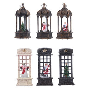 Retro Christmas lantern and phone booth lights with Santa and snowman scenes
