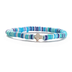 Colorful 6mm clay heishi bead stretch bracelet with a beige cross charm on white background