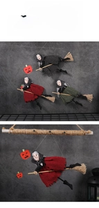 Detail of colorful Halloween witch ornaments with burlap robes and wooden brooms