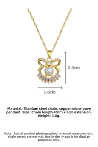 Detailed view of titanium steel necklace with bow pearl pendant and dimensions