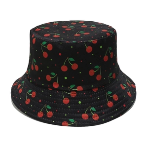 Women summer bucket hat with cherry print in black canvas for sun protection
