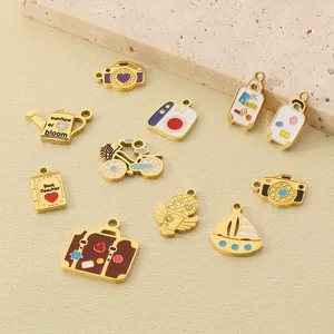 Cartoon Camera Suitcase Bicycle Charms Stainless Steel Enamel Pendants For DIY Jewelry Making Crafts