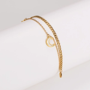 Double-layer stainless steel gold bracelet with white shell moon charm and chunky chain