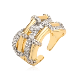 Luxury gold and silver two-tone geometric open ring with sparkling cubic zirconia stones
