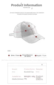 Size chart for breathable mesh baseball cap with brim depth and circumference details