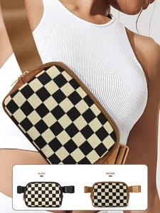 Nylon checkerboard belt bag details showing black and brown color options for outdoor use