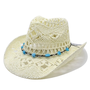 Cream crochet hollow straw cowboy hat with blue beads and upturned brim for summer sun