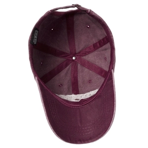 Inside view of burgundy cotton baseball cap showing reinforced seams and sweatband