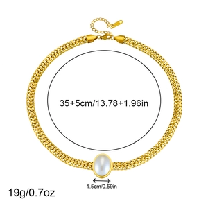 Gold chain pearl pendant necklace showing dimensions 35+5cm length and 1.5cm width