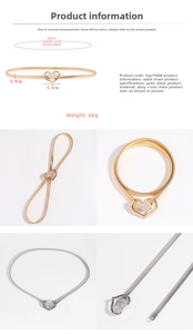 Macro detail of elastic heart buckle waist chain with dimensions and golden finish