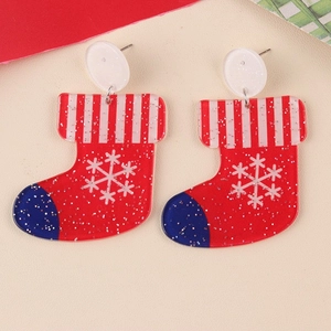 Christmas stocking acrylic stud earrings with snowflake pattern and glitter finish