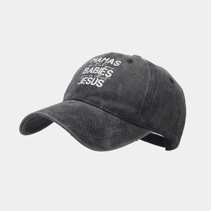 Close-up of washed charcoal grey cotton canvas cap with white Jesus quote print