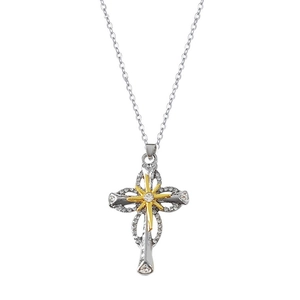 Double layer silver cross necklace with golden octagram star pendant and zircon stones