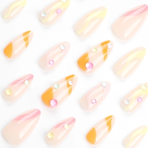 Short almond press-on nails with colorful abstract wavy stripes and 3D rhinestones