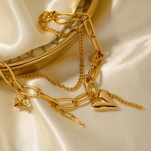 18K gold plated stainless steel double layer bracelet with heart pendant on silk
