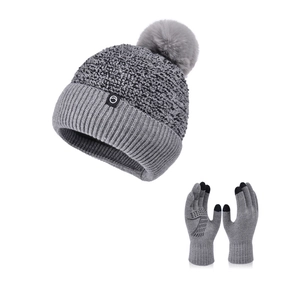 Winter knitted beanie with faux fur pom and touchscreen gloves set in grey color