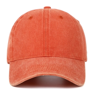 Front view of washed cotton baseball cap in brick red showing vintage texture and stitching