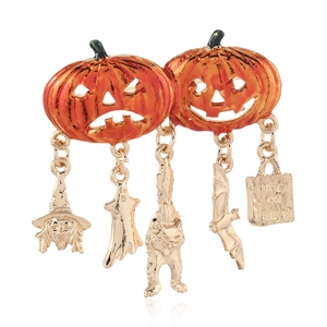 Halloween pumpkin brooch with orange enamel charms like ghosts and bats for women