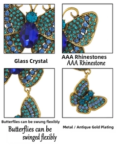 Macro detail of a vintage butterfly brooch with sparkling blue crystals and rhinestones