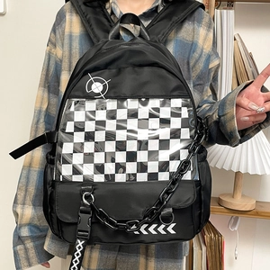Black high-capacity school backpack with transparent window and checkerboard pattern