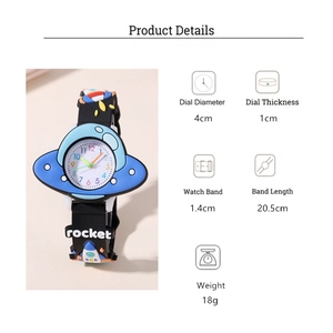 Detail view of cartoon rocket watch with blue UFO case and black printed silicone strap