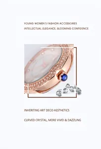 Detail shot of a rose gold women's watch featuring a curved glass mirror and crystal bezel