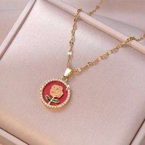 Gold Tone Rose Flower Pendant Necklace Stainless Steel Copper Enamel Zircon Inlaid Round Retro Romantic Jewelry For Women