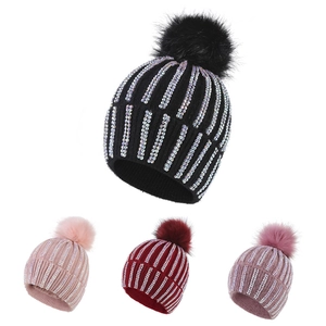 Winter Beanie Hat For Women Knitted Acrylic Rhinestone Faux Fur Pom Pom Warm Fleece Lined Slouchy Solid Color