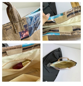 Detail view of newspaper print tote bag featuring velcro closure and internal zipper pocket