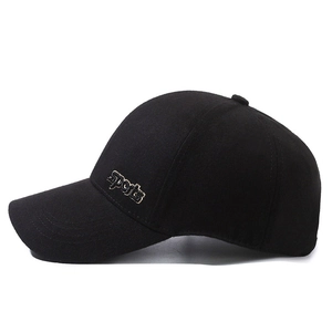 Black baseball cap with 3D sports lettering embroidery shown from a 45-degree side angle