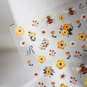 5D stereoscopic floral embroidery nail stickers with daisies and bees on clear PET backing
