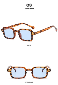 Detail view of tortoise shell square sunglasses with blue lenses from two angles