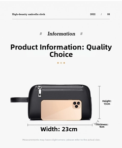 Men's leather clutch bag with size guide showing 23x13x9 cm dimensions and side handle