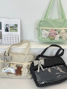 Polka Dot Canvas Tote Bag With Transparent PVC Window Bow Decor Kawaii Japanese Style Shoulder Ita Bag For Women