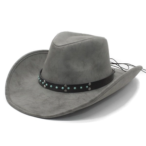 Chapeau de cowboy gris en similicuir avec perles turquoise et rivets argentés