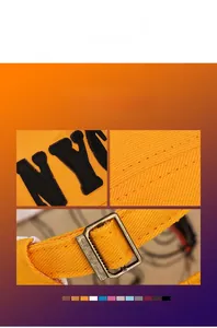 Detail of NY 3D embroidery and copper metal buckle on yellow cotton baseball cap