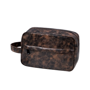 Deep brown PU leather business toiletry bag with side handle and sturdy metal zipper