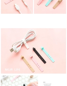 Detail of silicone cable organizers in five colors with adjustable buckle and holes