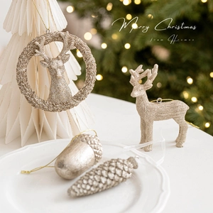 Décorations De Noël À Suspendre En Résine Doré Champagne Pailleté Renne Tête De Cerf Pomme De Pin Gland Style Nordique