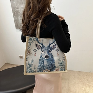 Large cotton linen tote bag with elegant blue elk print for casual daily commuting