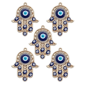 Detailed view of five golden Hamsa Hand pendants with blue Evil Eye and rhinestones