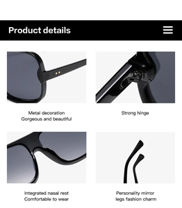 Detailed views of black oversized sunglasses showing metal hinges and integrated nose pads