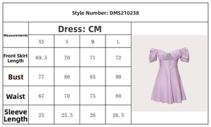 Guide des tailles avec mesures détaillées pour la robe courte à manches bouffantes